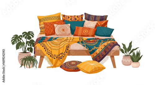 Vibrant bohemian lounge setting with pillows, textiles and plants elements