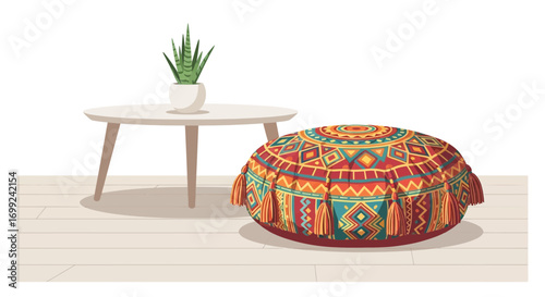 Vibrant Bohemian pouf and Snake plant bringing artistic comfort to space