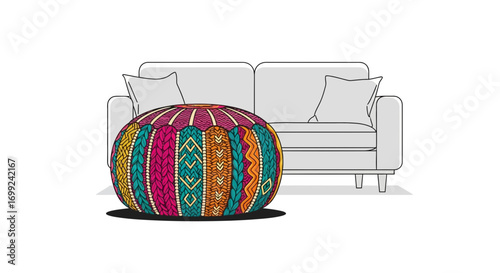 Vibrant bohemian pouf accents minimalistic living room with neutral couch