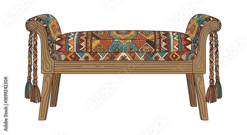 Vintage bohemian bench with tribal pattern and rope tassels decoration