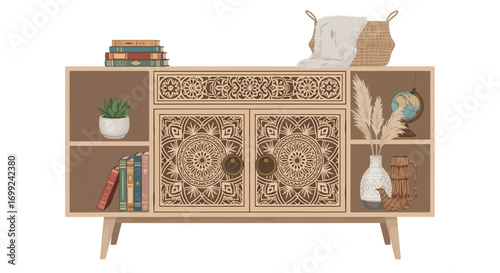 Vintage cabinet with home decor items, creating a cozy atmosphere