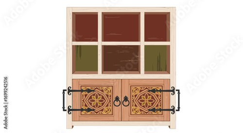 Vintage wooden cabinet with ornamented doors for rustic decoration