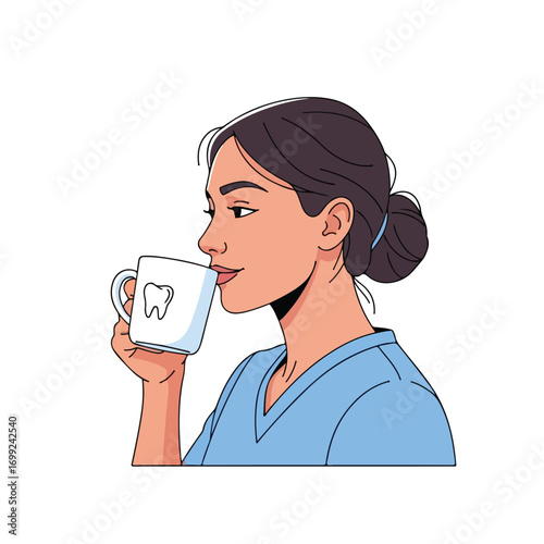 Vector illustration of a female dentist drinking from a mug with a tooth logo.