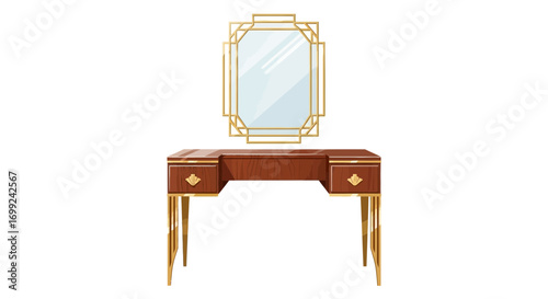 Vintage dressing table with golden details and mirror on white background