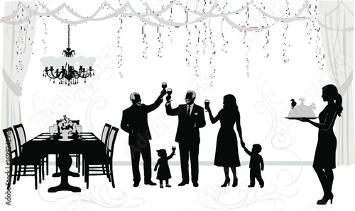 Elegant family celebration with toast and fine dining, festive atmosphere, modern occasion