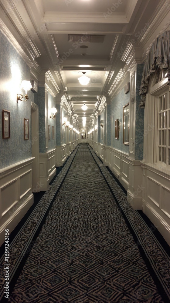 Obraz premium A long, elegant hallway with light fixtures and decorative carpeting extends into the distance.