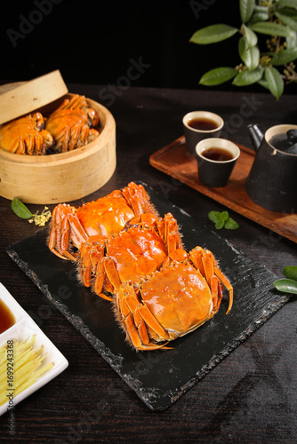 Yangcheng Lake Hairy Crabs Chinese Delicacy with Tea Set Traditional Asian Seafood Cuisine