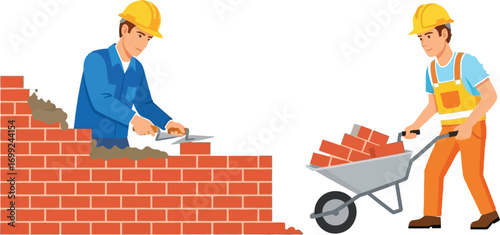 Skilled bricklayers construct wall, one building site worker transports bricks in wheelbarrow