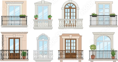Elegant balconies with decorative railings and windows showcase architectural beauty and outdoor living.