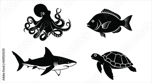 Sea animals vector illustration octopus fish shark turtle ocean wildlife