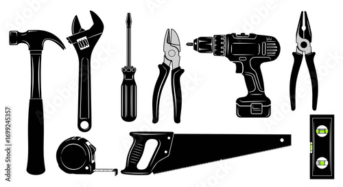 Handyman tools vector set hammer wrench screwdriver drill pliers saw level