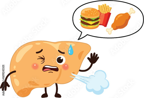 Stressed cartoon liver struggling with unhealthy food cravings, feeling unwell from junk food