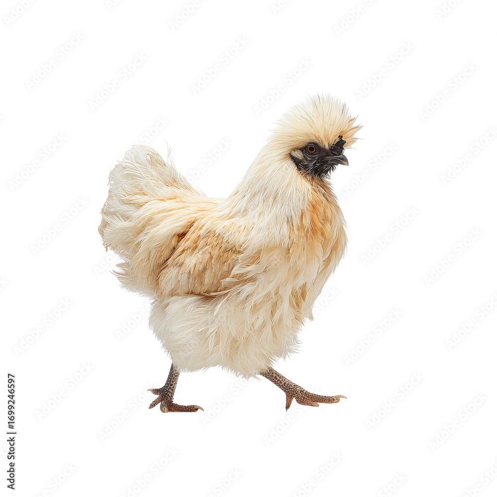 Fototapeta premium A fluffy cream-colored silkie chicken walking gracefully on a white background.