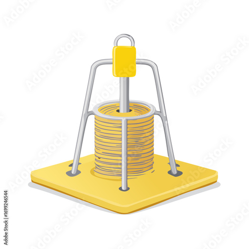 An industrial coil of wire on a yellow spool holder Vector illustration of a mechanical component isolated on a white background.