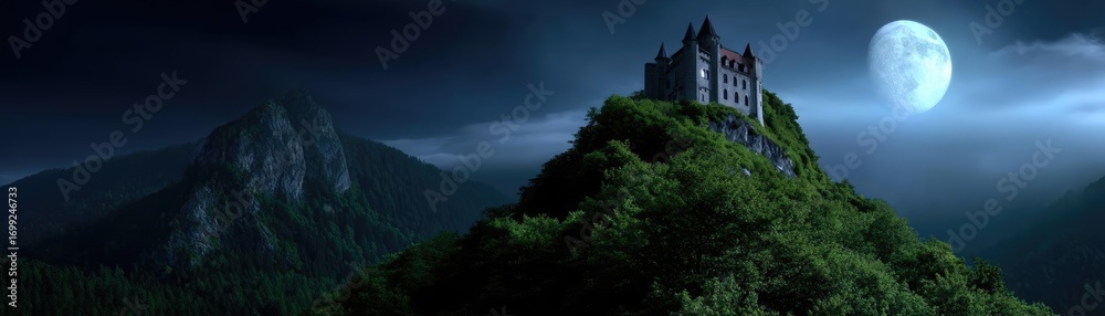 Fototapeta premium Fantasy castle in forest with moonlit foggy night concept. A spooky castle illuminated by a full moon on a dark night.