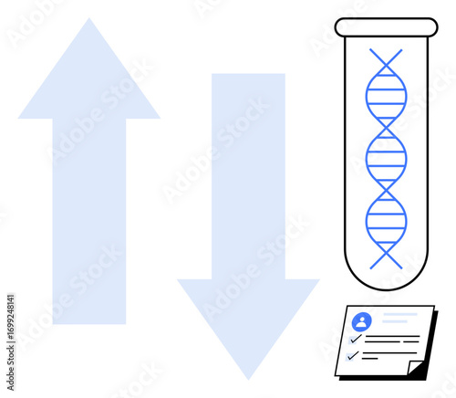 DNA helix inside a test tube, upward and downward arrows indicating directions, and checklist icon representing data reliability. Ideal for genetics, health science, analysis, research