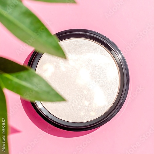 Powder compact, pink backdrop, leaves
