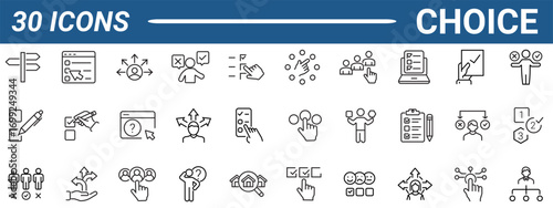 Choice Icons set. Vector illustration in thin line modern style of decision related icons: making choice, strategy, variety, and more. Editable stroke. Vector illustration