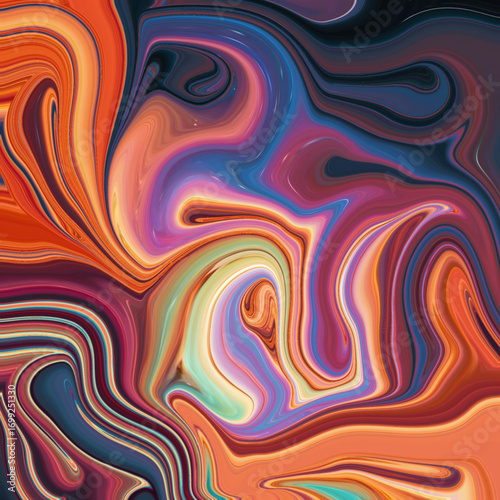 Energetic abstract swirl with bold orange, purple, and pink colors blending in a fluid, fiery composition, ideal for art, prints, or fashion design.