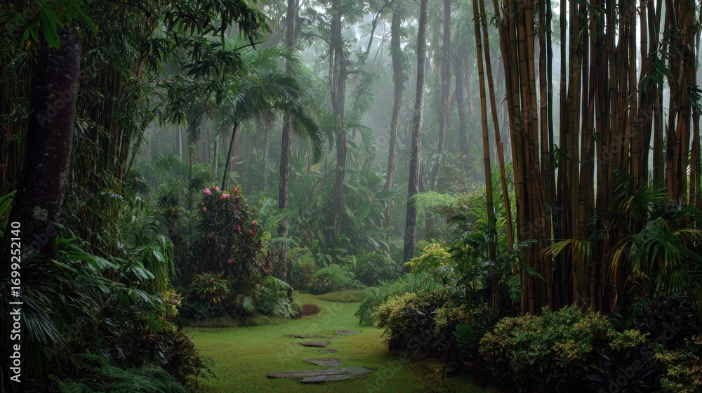 Fototapeta premium Lush tropical garden path in misty rain