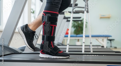 Person with a leg brace walking on a treadmill during physical therapy. Rehabilitation and recovery from injury in a medical clinic setting, with crutches in the background.