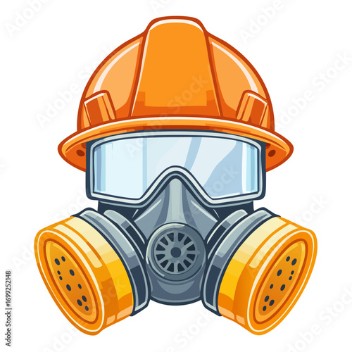 Industrial safety mask with hard hat and goggles illustration.