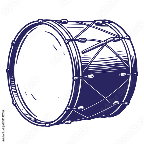 Artistic illustration of a snare drum in dark blue ink with white background