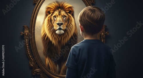A young boy looks into a mirror, seeing the reflection of a powerful lion, symbolizing inner strength, courage, and self-discovery.