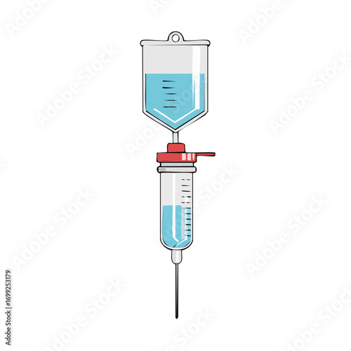 Medical IV Drip Bag and Syringe Illustration.