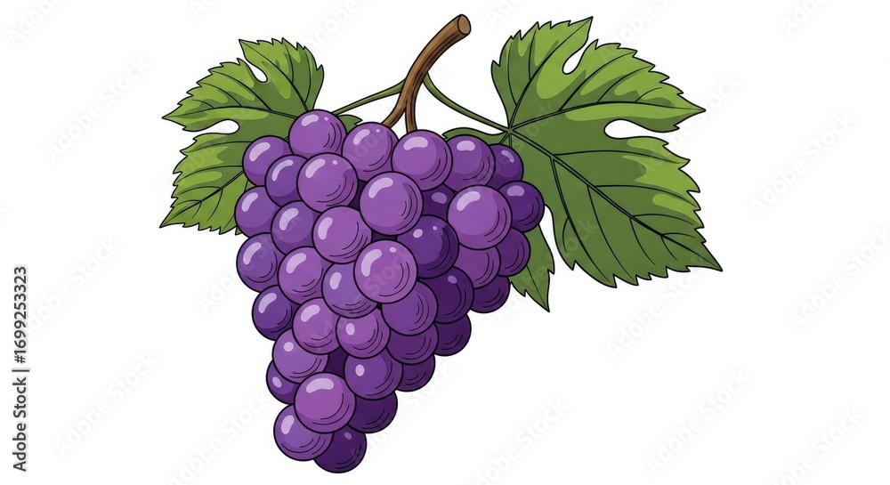 Fototapeta premium Vibrant cartoon illustration of a bunch of ripe purple grapes with green leaves and a brown stem, isolated on a white background. Ideal for food, health, or nature themes.