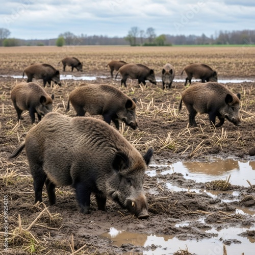 Group of wild boar in a muddy agricultural field. Feral swine damaging crops and rooting behavior. Wildlife pest control concept.