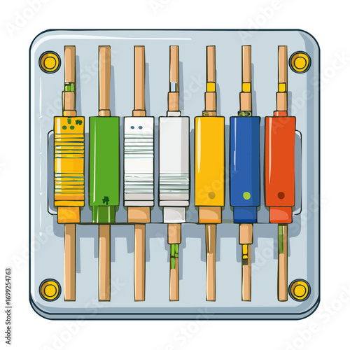 Set of colorful electronic components for technology and IoT sensors Cartoon style illustration of hardware parts.