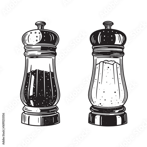 Detailed black and white illustration of salt and pepper shakers for culinary or cooking design