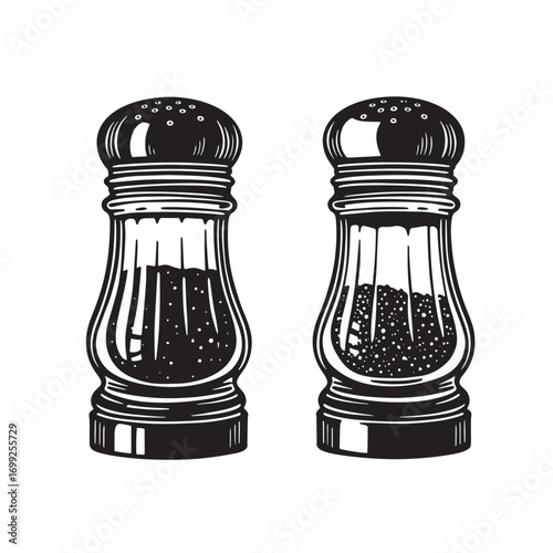 Detailed black and white illustration of salt shakers perfect for culinary design and branding