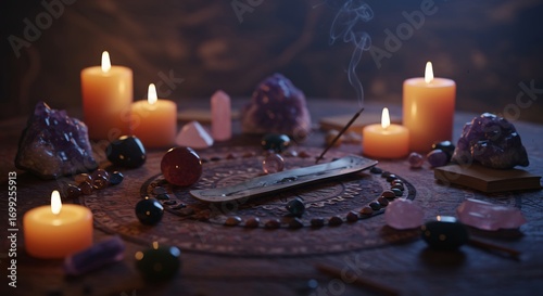 Holistic Still Life with Burning Candles, Crystals and Incense on Textured Table