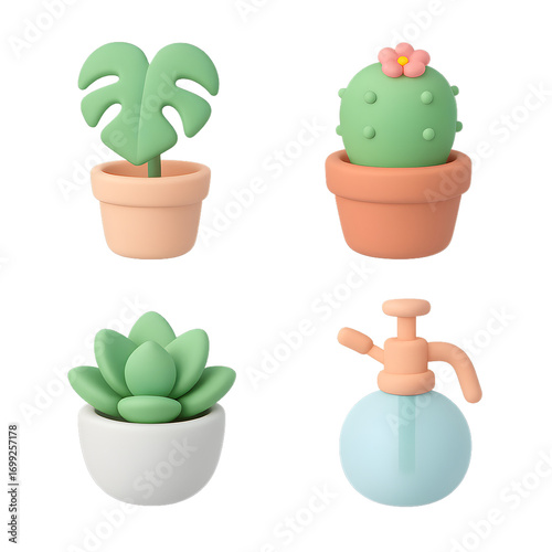 Houseplants icons set of 4, pastel 3D monstera in pot cactus with flower succulent rosette in ceramic pot and glass plant mister, isolated PNG for decor stickers apps and indoor gardening visuals, cla