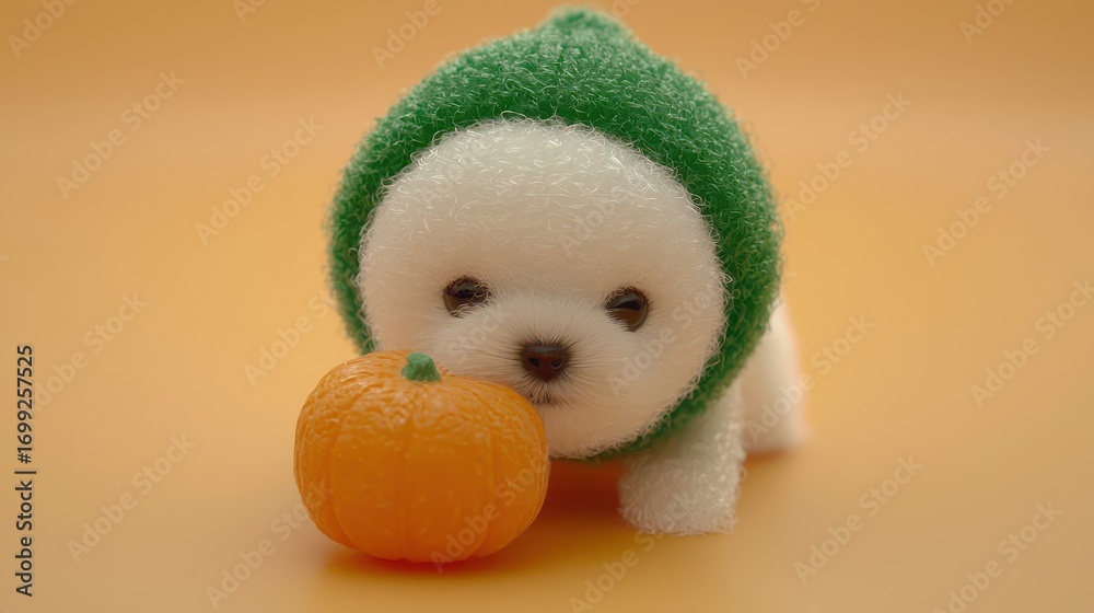 Fototapeta premium Adorable puppy with a pumpkin on a vibrant orange background