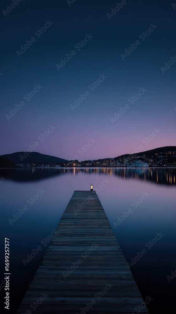 Fototapeta premium Serene Night Lake Pier Reflection Landscape.
