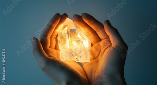Crystal held in hands glowing orange against blue background