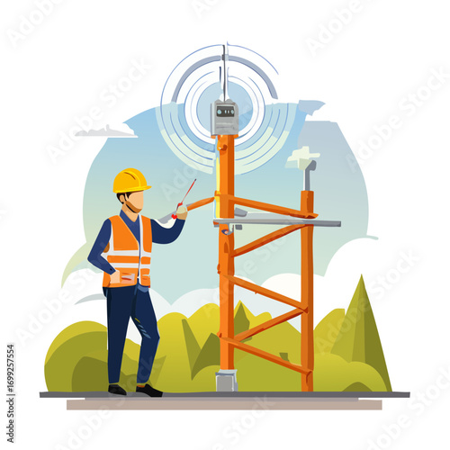 Technician working on a telecommunications tower for smart farming.