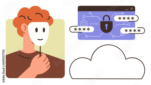 Person holding a mask beside a browser featuring password protection and cloud storage. Ideal for online security, privacy, anonymity, cloud computing, encryption, password usage, data safety themes