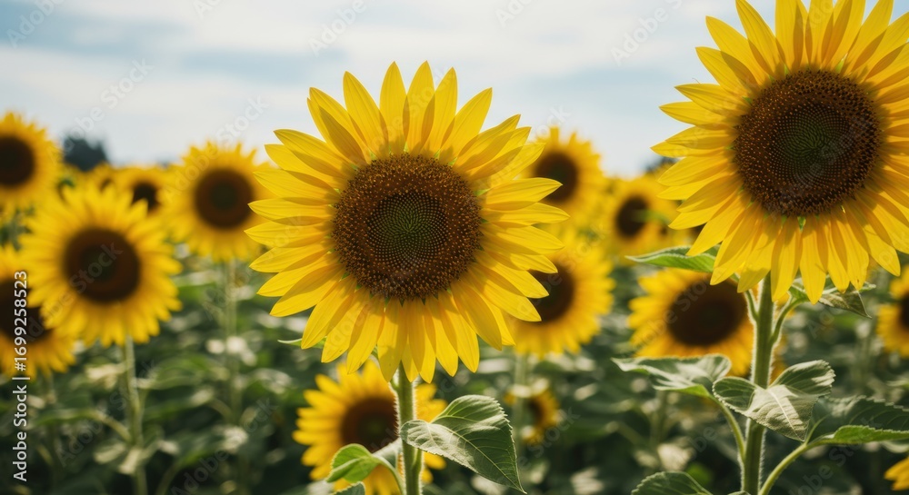 Fototapeta premium Vibrant Sunflower Field: Golden Petals Bathed in Sunlight, Summer Bloom
