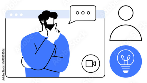 Man thinking during online video call with a speech bubble and idea. Video interface, user profile, and bulb visuals. Ideal for creativity, brainstorming, remote work, communication, teamwork