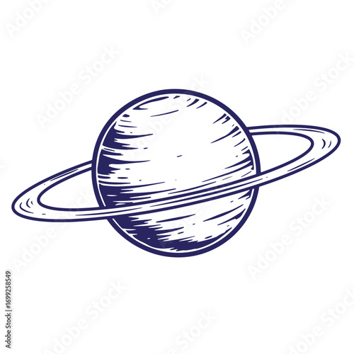 Detailed hand drawn illustration of planet saturn with rings in a simple line art style