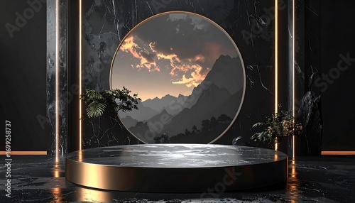 Fototapeta Naklejka Na Ścianę i Meble -  A dark, sophisticated podium display featuring a circular window framed by black marble, showcasing a serene mountain landscape at sunset.