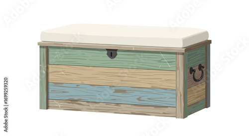 Charming rustic storage chest with cushioned seat, isolated illustration