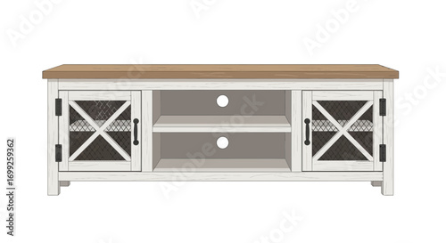 Charming rustic tv stand with cabinet doors, shelves, and wood grain texture