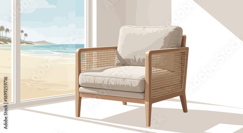 Cozy armchair overlooking a serene tropical beach with palm trees and ocean
