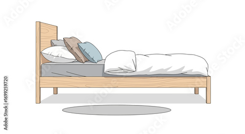 Cozy bedroom setup with modern wooden bed frame illustration for home decor