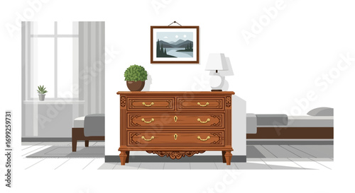 Cozy bedroom interior with wooden dresser and decorative elements setup